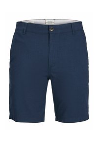 Pantaloni corti blu navy realizzati in un tessuto morbido, con chiusura frontale a bottone, tasche laterali e una vestibilità pulita e sartoriale.
