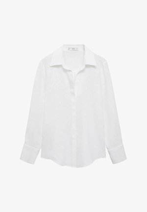 Bela srajca z dolgimi rokavi z klasičnim ovratnikom, zapiranjem na gumbe in gladkim, lahkim materialom. Rob je na straneh rahlo zaobljen.