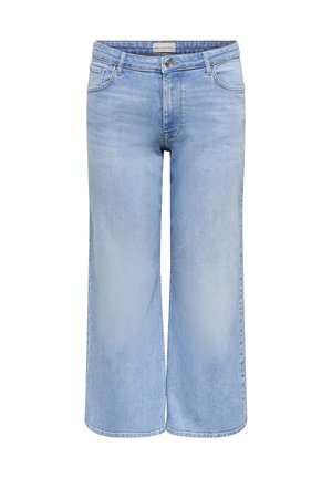 Hellblaue Denim-Weitbein-Cropped-Jeans mit Frontreißverschluss, Knopfverschluss sowie vorderen und hinteren Taschen, auf weißem Hintergrund dargestellt.