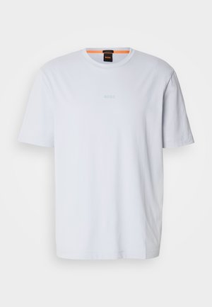 White cotton t-shirt with a crew neck, featuring a subtle embossed "BOSS" logo on the chest and short sleeves. Smooth texture, casual fit.