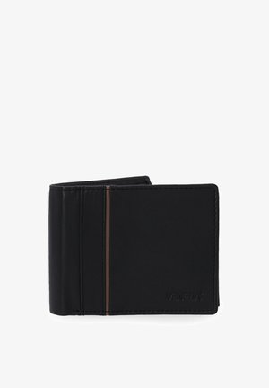 Schwarze Lederbörse mit einem Bifold-Design, das ein schlankes Profil, dezente Nähte und einen braunen Akzentstreifen aufweist. Auf der Vorderseite befindet sich ein Logo.