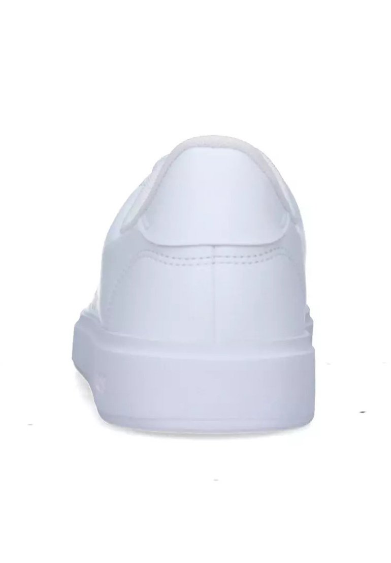 White sneakers with a smooth, matte finish; rounded toe and padded collar; flat rubber sole and minimal stitching on the back.