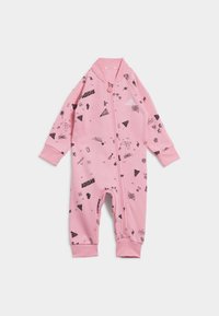 Pink cotton onesie with a front zipper, featuring black graphic prints of various shapes and the Adidas logo. Ribbed cuffs at sleeves and ankles.