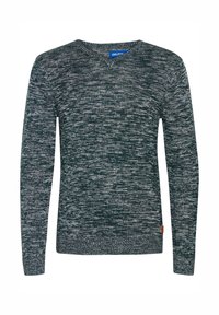 Langermet v-hals genser i mørkegrønn med grå og hvite flekker. Har ribbede mansjetter og kant, med en liten brun logo aksent.