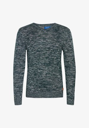 Lange mouwen v-hals trui in donkergroen met grijze en witte spikkels. Heeft ribgebreide manchetten en onderrand, met een klein bruin logo accent.