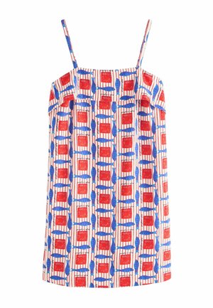 Ærmeløs kjole med tynde stropper, hvid baggrund, mønstret med blå fisk og røde firkantede former i et lodret gitterdesign.
