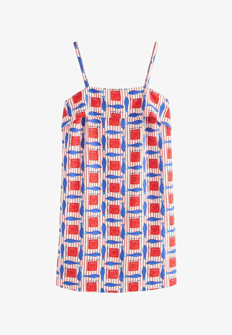 Robe sans manches avec fines bretelles, fond blanc, à motif de poissons bleus et de formes carrées rouges en design à grille verticale.