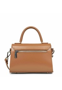 Borsa a tracolla in pelle marrone con un design strutturato, manico superiore e tracolla removibile. Caratterizzata da una tasca frontale con zip e accessori in metallo lucido.