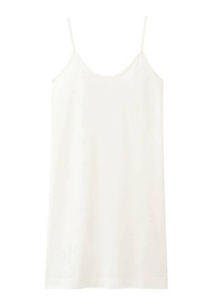 Weißes ärmelloses Slipkleid mit dünnen Spaghettiträgern und geradem Saum, präsentiert vor einem schlichten weißen Hintergrund.