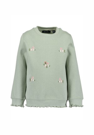 Sweat-shirt pour enfants à manches longues de couleur vert clair avec de petites broderies florales roses et blanches et des poignets et ourlets volantés.