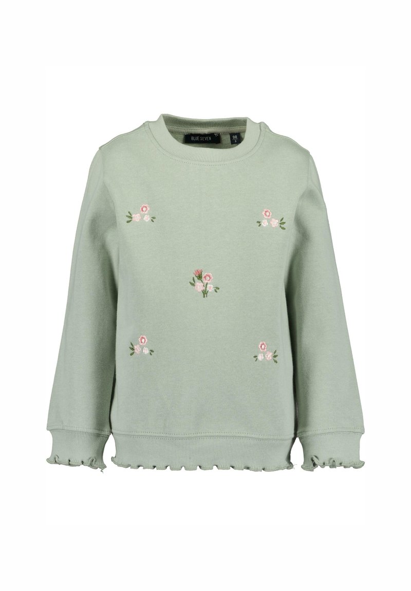 Sweat-shirt pour enfants à manches longues de couleur vert clair avec de petites broderies florales roses et blanches et des poignets et ourlets volantés.