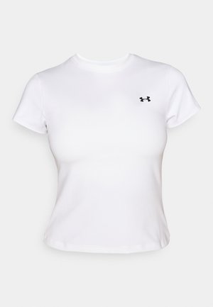 White short-sleeve athletic t-shirt with a round neckline and a small black logo on the left chest. Smooth fabric and fitted design.
