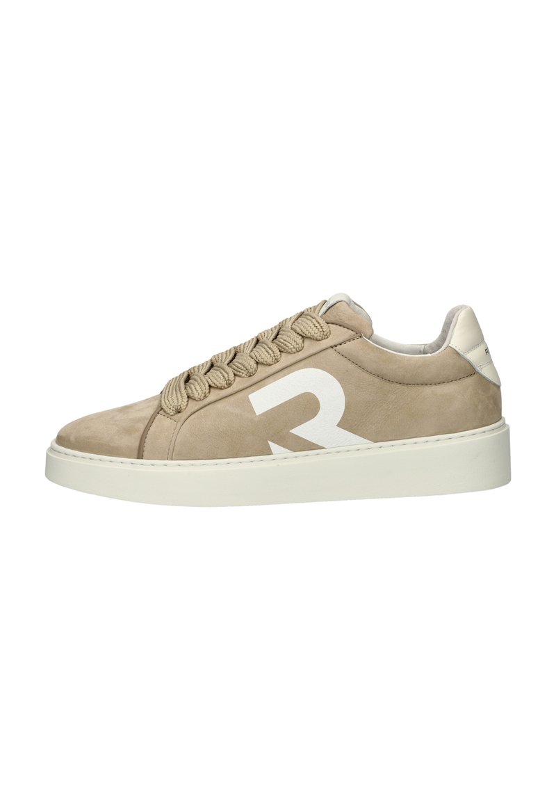 Beige suede sneaker with white logo, round toe, and textured lace with a thick white sole. Minimalist design, outlined stitching detail.