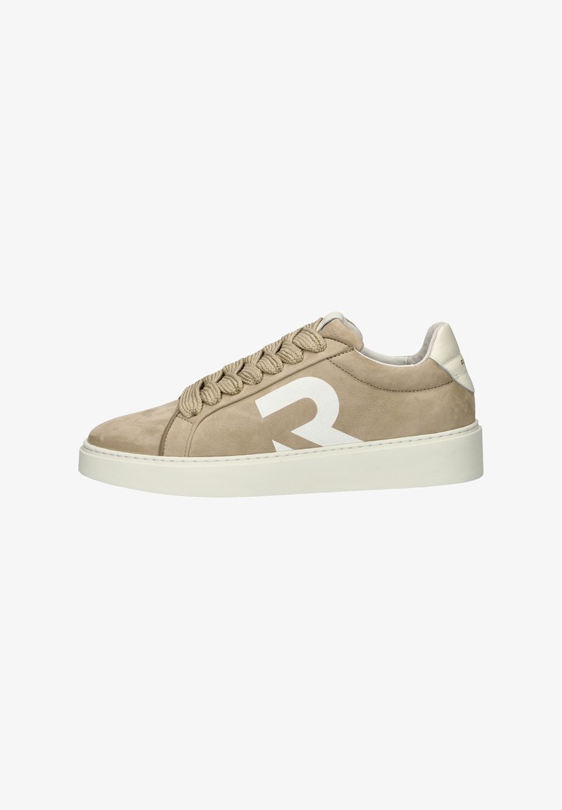 Beige suede sneaker with white logo, round toe, and textured lace with a thick white sole. Minimalist design, outlined stitching detail.