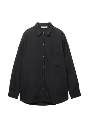 Black long-sleeve shirt made of soft fabric, featuring a button-up front, collar, and a single chest pocket, with a relaxed fit and rounded hem.