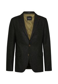 Schwarzer strukturiertes Blazer mit subtilen Muster, zwei Knöpfen und Reverskragen. Innenfutter in olivgrün, mit zwei vorderen Taschen.