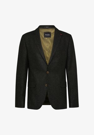 Schwarzer strukturiertes Blazer mit subtilen Muster, zwei Knöpfen und Reverskragen. Innenfutter in olivgrün, mit zwei vorderen Taschen.