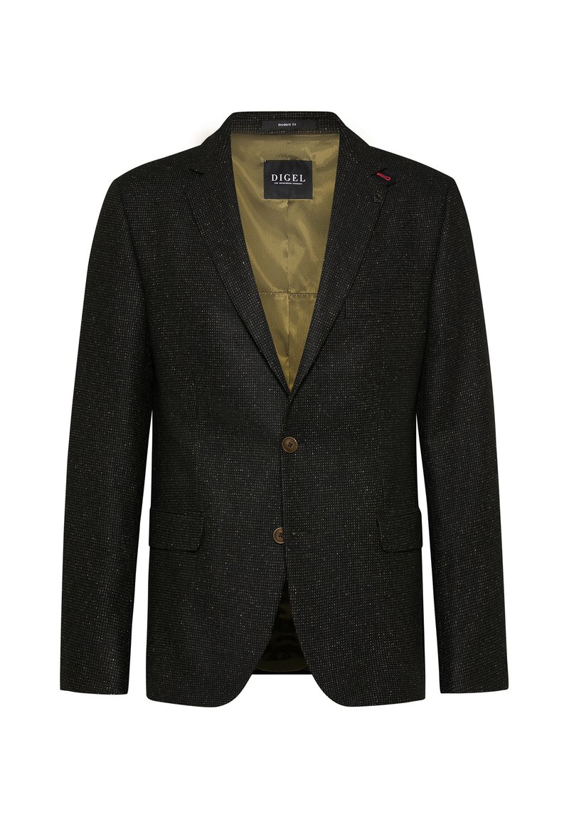 Schwarzer strukturiertes Blazer mit subtilen Muster, zwei Knöpfen und Reverskragen. Innenfutter in olivgrün, mit zwei vorderen Taschen.