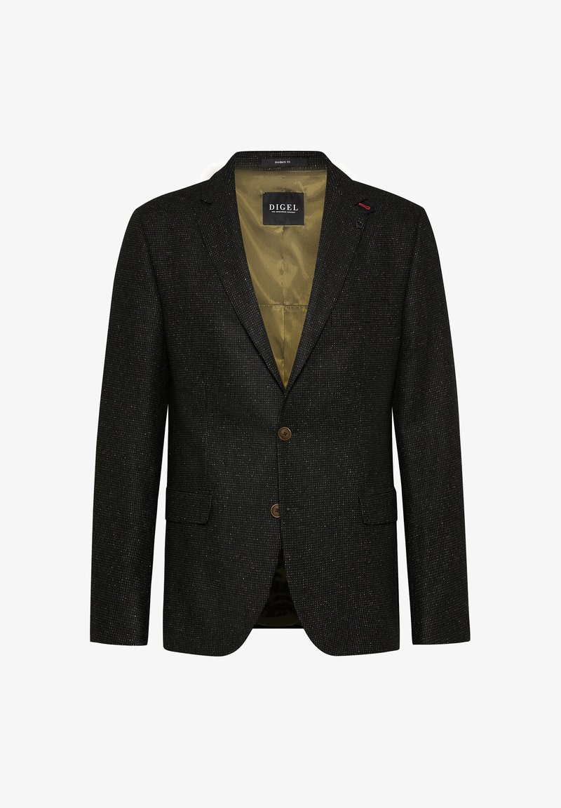 Black textured blazer with a subtle pattern, two buttons, and notched lapels. Lined in olive green, featuring two front pockets.