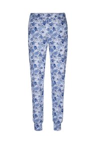Blauwe en witte joggers met een foliedesign, elastische tailleband en boorden. Gemaakt van zachte stof, biedt een comfortabele pasvorm.