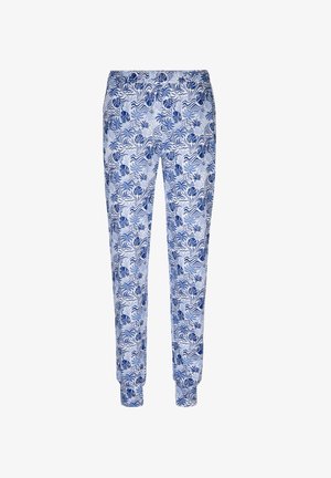 Blue and white patterned joggers with foliage design, elastic waistband, and cuffs. Made from soft fabric, offering a relaxed fit.