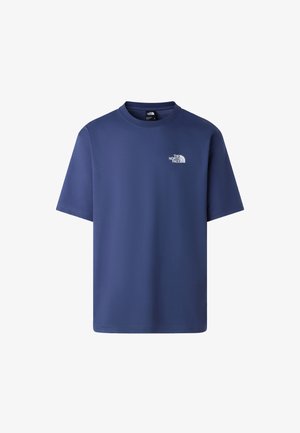 Navy blue short-sleeve t-shirt made of smooth fabric, featuring a white logo on the left chest. Round neckline with a regular fit.