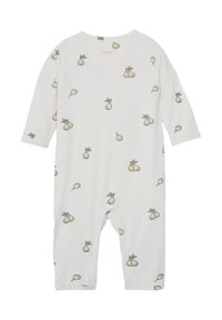 Weißer Baumwoll-Body mit Muster aus kleinen grünen Birnen und Blättern. Lange Ärmel und Druckknöpfe an der Unterseite für ein einfaches Anziehen.
