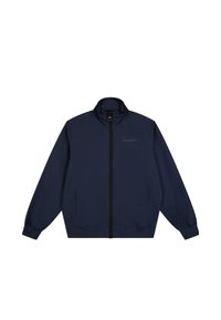 Navy windbreaker with a front zipper, high collar, elastic cuffs, and side pockets. Features a small logo on the chest. Lightweight material.