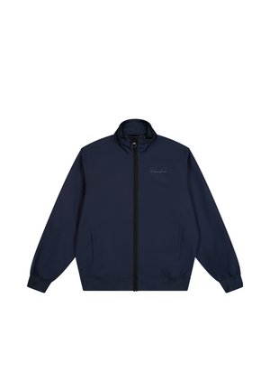 Marineblauer Windbreaker mit einem Reißverschluss vorne, hohem Kragen, elastischen Bündchen und seitlichen Taschen. Verfügt über ein kleines Logo auf der Brust. Leichtes Material.
