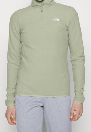 Pull polaire vert clair avec une fermeture éclair verticale sur le devant et le logo The North Face sur la poitrine gauche, porté avec un pantalon gris clair.