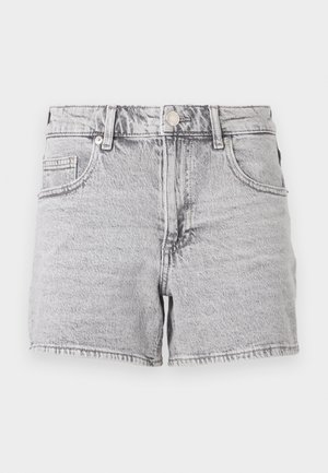Gray denim shorts with a high waist, five-pocket design, and frayed hem. The fabric has a soft texture with a faded appearance.