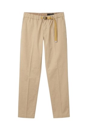 Pantaloni beige a gamba dritta con vita elasticizzata e cintura in tessuto giallo regolabile con fibbia di plastica.