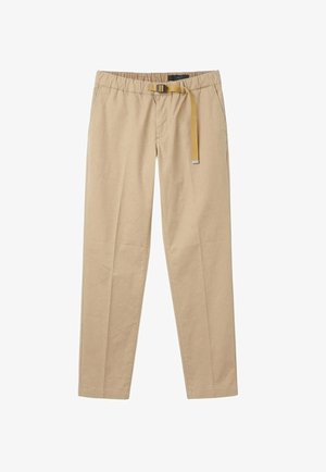 Pantaloni beige a gamba dritta con vita elasticizzata e cintura in tessuto giallo regolabile con fibbia di plastica.