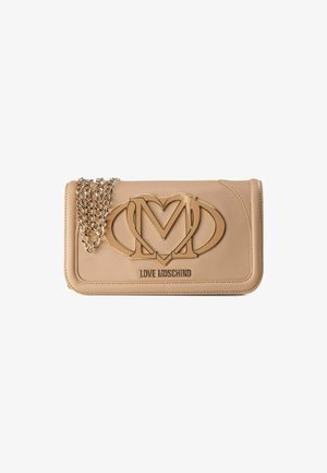 Beige leather clutch with gold-tone hardware, featuring a prominent logo design and a chain strap. Smooth texture with stitched detailing.