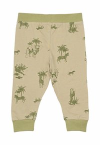 Helle beige Baumwollhose mit grünen Tier- und Palmbaum-Mustern, ausgestattet mit einem elastischen Bund und schmalen Bündchen.