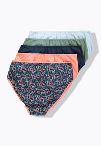 Fem fem par damunderkläder i olika färger: marinblå med rosmönster, grön, mörkblå, ljusblå och korall. Mjuk tyg och elastiska midjeband.