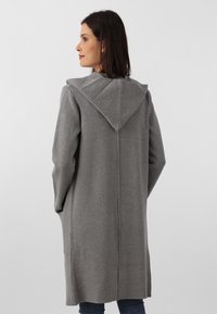 Manteau long gris avec capuche, fabriqué à partir d'un tissu doux. Présente une couture centrale et des poches latérales, avec une coupe décontractée et un minimum de détails.