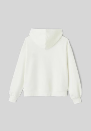 Sweat à capuche blanc vu de dos avec manches longues et poignets côtelés sur un fond gris uni.