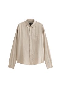 Beige pitkähihaispaita, joka on valmistettu pehmeästä kankaasta. Paidassa on kaulus, etunapit ja rintatasku. Suora helma ja rento istuvuus.