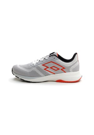 Grey athletic shoe with mesh upper, red accents, white sole, and textured black heel. Features lace-up design and logo detailing.