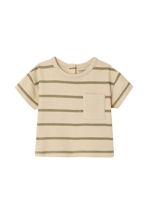 Beiges Kleinkind-T-Shirt mit olivgrünen horizontalen Streifen und einer kleinen Brusttasche auf der linken Seite.