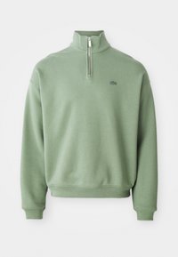 Green fleece pullover with a quarter-zip front, long sleeves, ribbed cuffs, and a small embroidered logo on the chest.