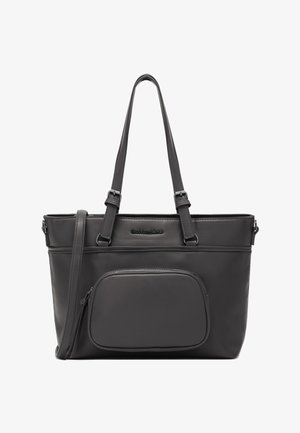 Borsa a tracolla sintetica grigia con doppie spalline, una tasca anteriore con zip e un branding discreto sul corpo, caratterizzata da una superficie liscia.
