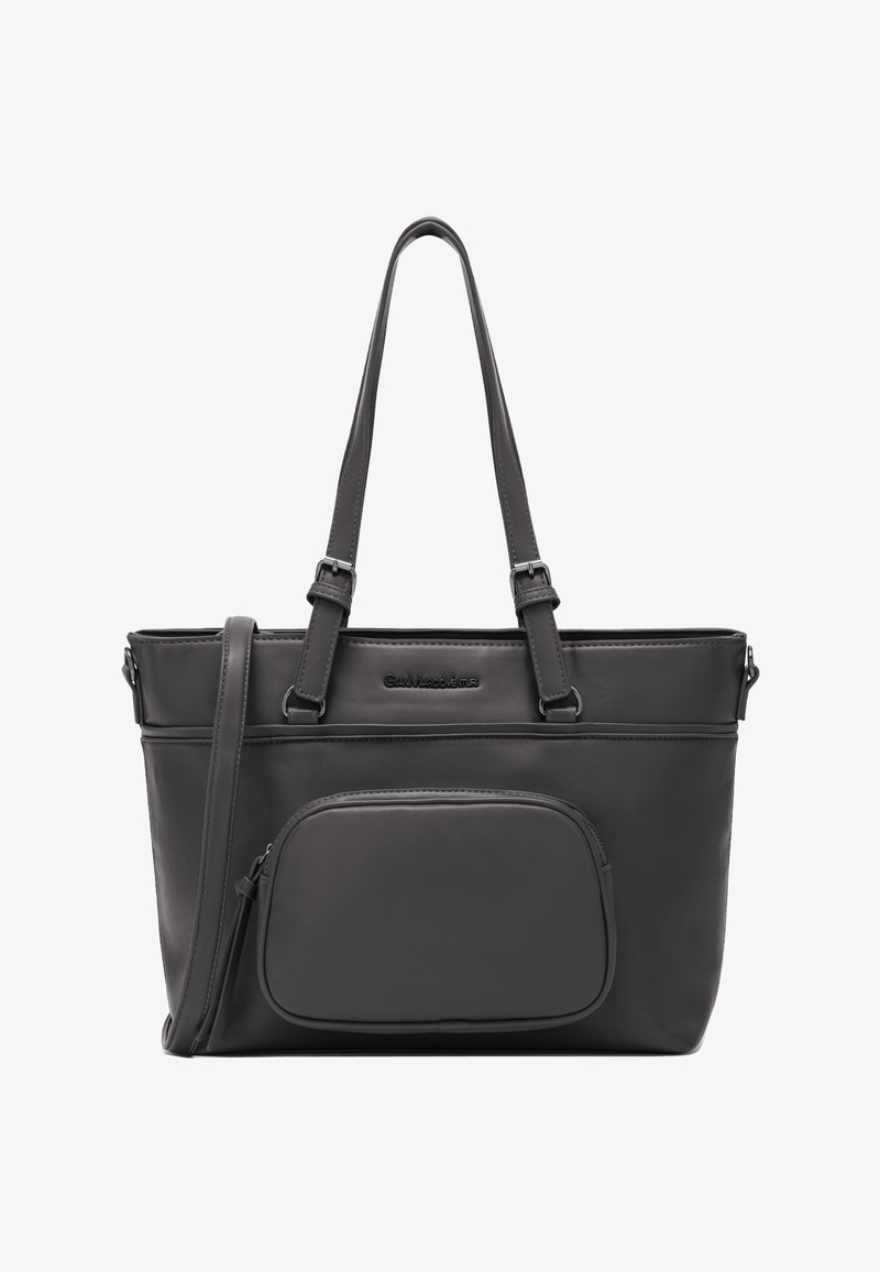 Sac fourre-tout synthétique gris avec double sangle d'épaule, une poche frontale zippée et un branding subtil sur le corps, présentant une texture lisse.