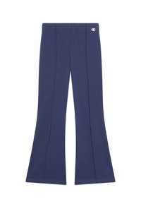 Navyblauwe flared sweatpants met zichtbare verticale naden en een klein Champion-logo aan de rechterkant van de tailleband.