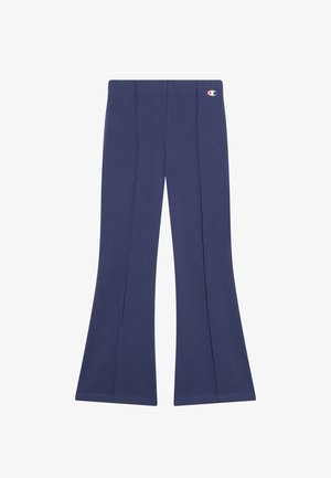 Granatowe dzwony z widocznymi pionowymi szwami i małym logo Champion po prawej stronie pasa.