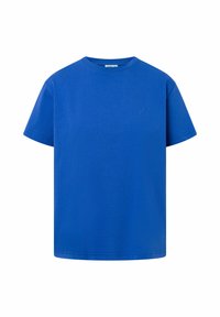 T-shirt en coton bleu avec un col rond, des manches courtes et un petit logo de fleur brodé sur la poitrine gauche. Coupe simple et décontractée.