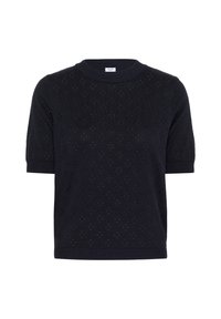 Pulover scurt cu mânecă scurtă, de culoare bleumarin închis, cu o textură tricotată, având un model delicat de mici găuri, guler rotund și manșete cu nervuri.