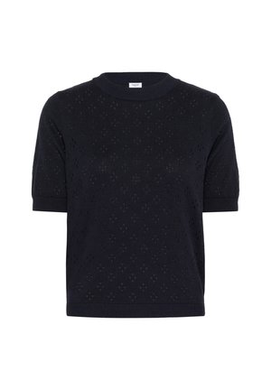 Temno modra kratka majica iz volne z raznolikostjo teksture, z nežnim vzorcem majhnih lukenj, okroglim izrezom in rebrastimi manšeti.