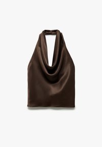Bruine satijnen haltertop met een elegante cowl-halsontwerp. Zachte textuur, valt soepel en heeft een striksluiting aan de achterkant.